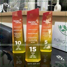 Những chiếc cúp pha lê nguyên khối trong suốt, kết hợp nền có màu chuyển nhẹ từ đỏ sang vàng Những chiếc cúp pha lê nguyên khối trong suốt, kết hợp nền có màu chuyển nhẹ từ đỏ sang vàng